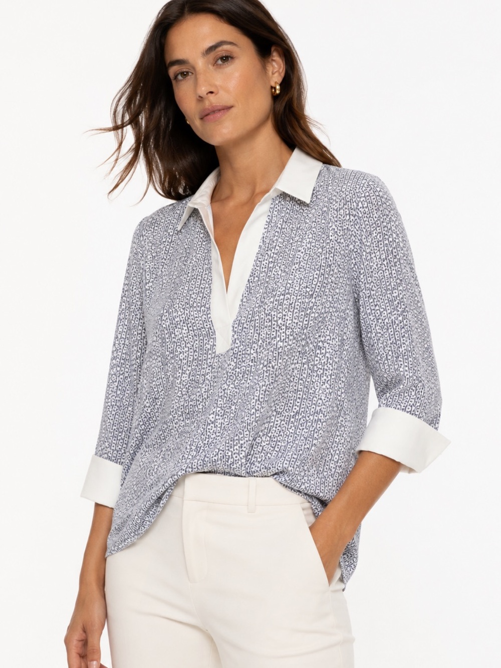 New leggiadro blouse crisp white collar shirt blue stripe leopard print